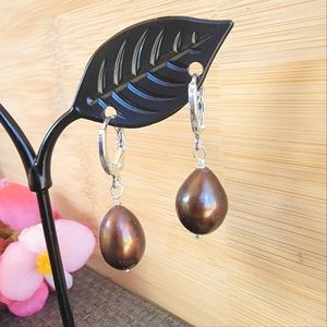 BROWN Pearl Earrings hoop Dangle Drop Sterling Silver